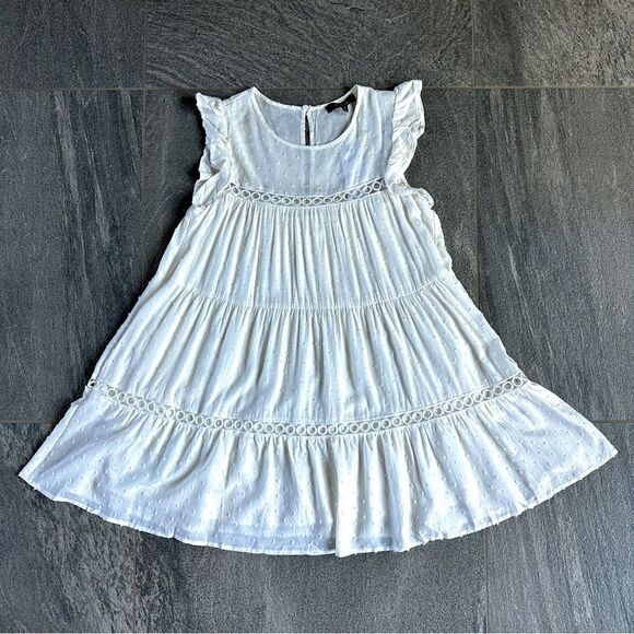 NWT Aakaa White Sleeveless Flutter Swiss Dot Baby doll Mini Sundress w/Pockets S - Picture 5 of 16